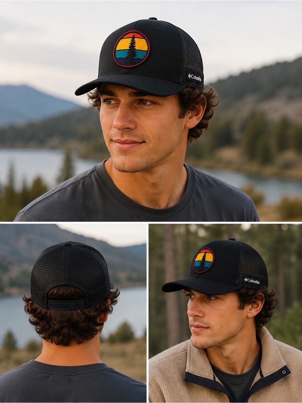 Columbia Black Trucker Hat with Multicolor Sunset Patch EUC